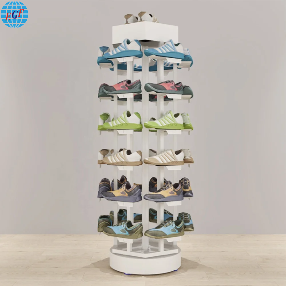 Retail Store's sturdy 24-unit rotating freestanding metal shoe rack, customizable