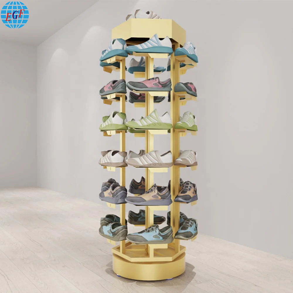 Retail Store's sturdy 24-unit rotating freestanding metal shoe rack, customizable