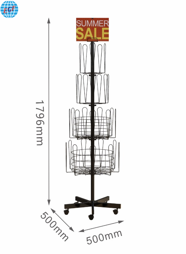 Adjustable Supermarket Shelves 4-Layer Floor Mounted Rotating Display Shelves Rack With Wheels