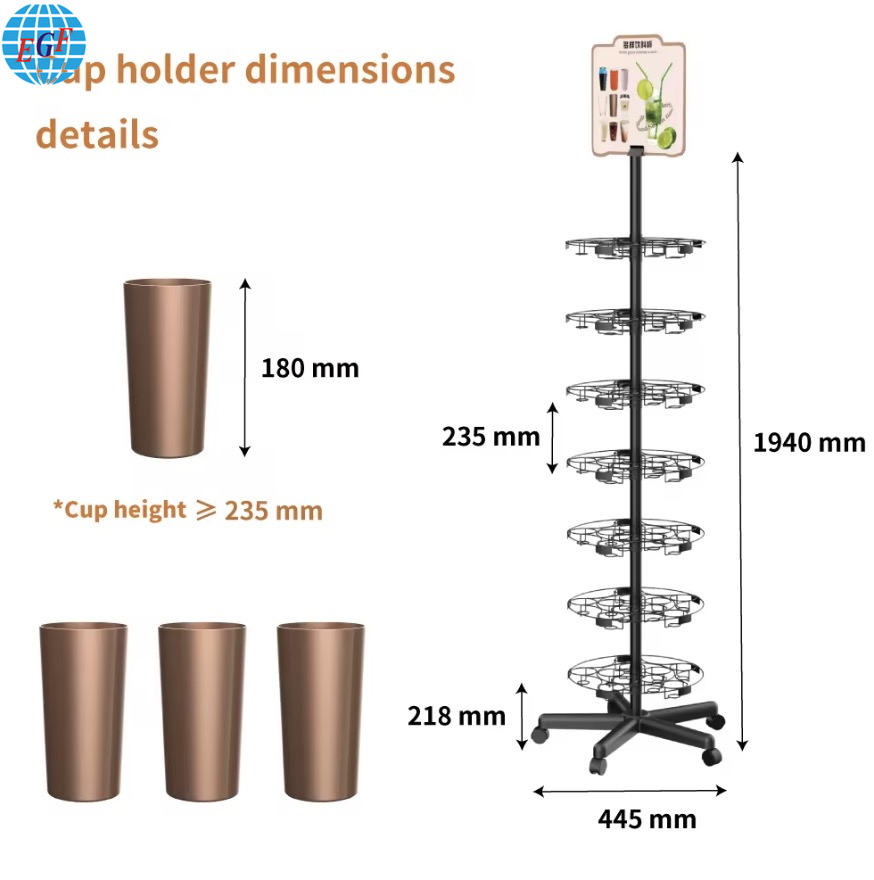 7 Tier Rotating Mug Display Rack Tumbler Display Stand Customized Logo