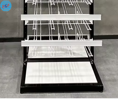 Double-Sided Seven-Tier Retail Metal Display Rack with 56 Hooks and Label Holders, Customizable