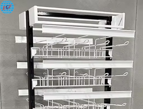 Double-Sided Seven-Tier Retail Metal Display Rack with 56 Hooks and Label Holders, Customizable