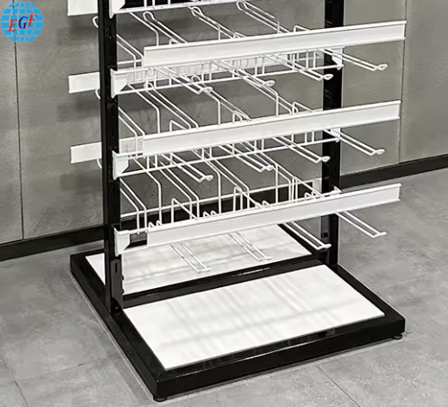 Double-Sided Seven-Tier Retail Metal Display Rack with 56 Hooks and Label Holders, Customizable