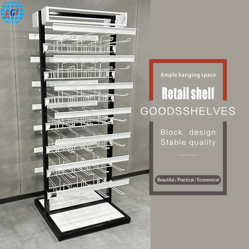 Double-Sided Seven-Tier Retail Metal Display Rack with 56 Hooks and Label Holders, Customizable