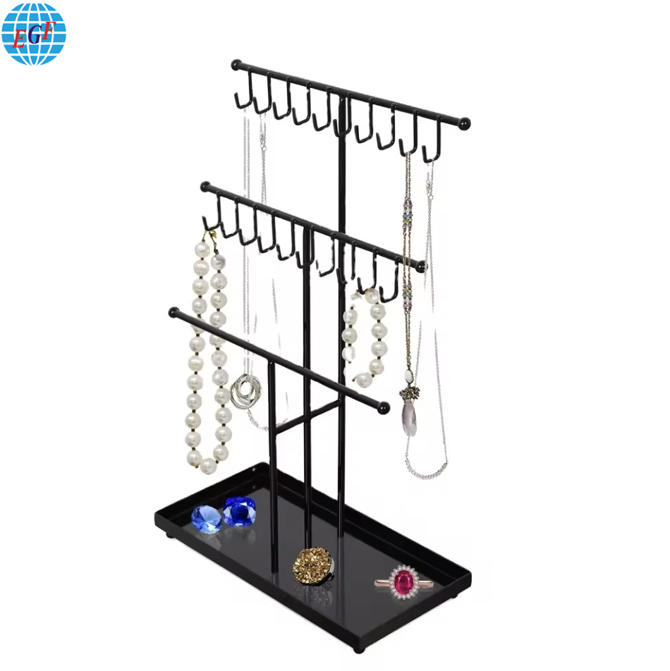 Three-Tier Metal Countertop Display Stand for Rings, Jewelry, and Necklaces with 20 Hooks, Customizable