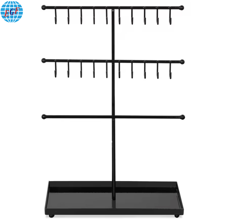 Three-Tier Metal Countertop Display Stand for Rings, Jewelry, and Necklaces with 20 Hooks, Customizable