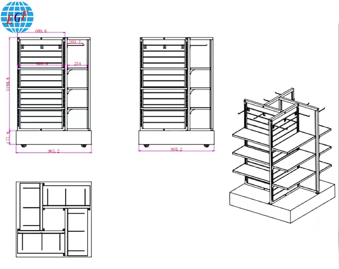 Four-Sided Wooden Slatwall Back Board with Hooks and Shelves for Clothing Retail Stores