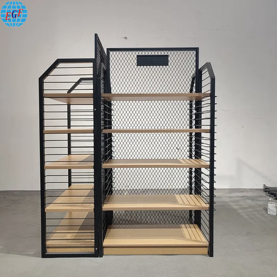 Custom Single-Sided Grid Back Five-Tier Metal Frame Wooden Shelf Display Rack