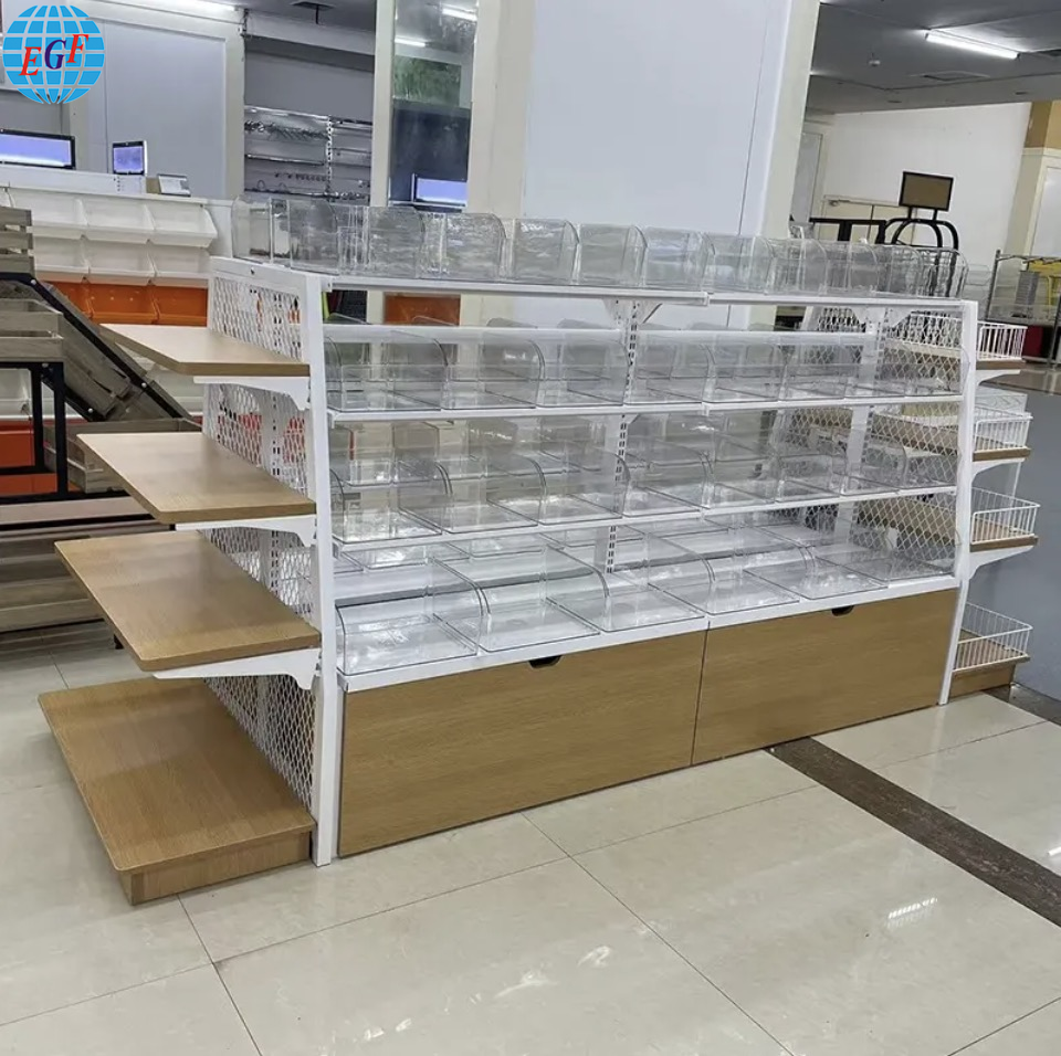 Supermarket Customized Four-Tier Island Display Rack with Back Grid Wooden Shelves, Drawers, and Acrylic Boxes