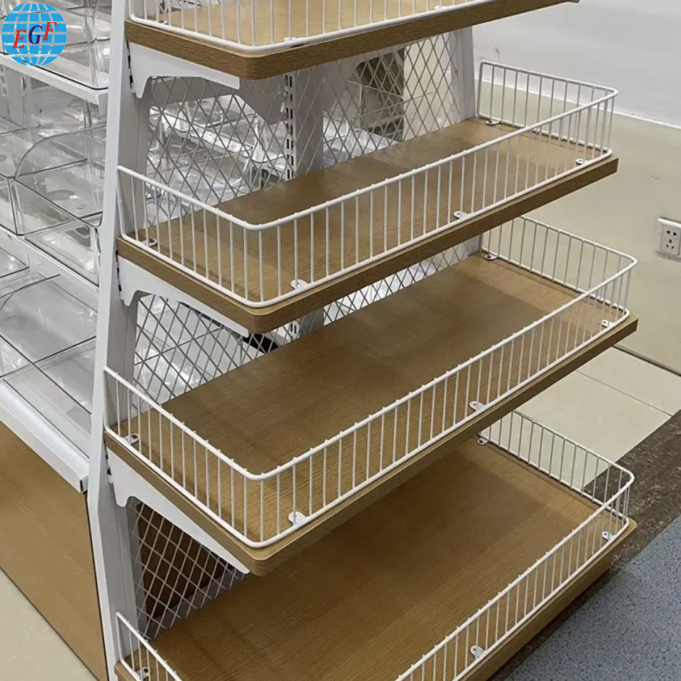 Supermarket Customized Four-Tier Island Display Rack with Back Grid Wooden Shelves, Drawers, and Acrylic Boxes