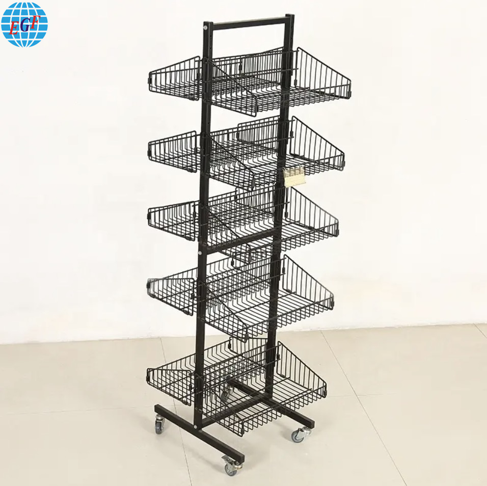 Double-Sided Metal Wire Display Rack with Five Iron Wire Baskets on Each Side and Wheels, KD Structure for Flat Packaging