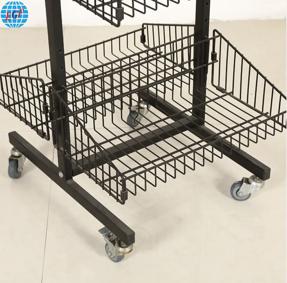 Double-Sided Metal Wire Display Rack with Five Iron Wire Baskets on Each Side and Wheels, KD Structure for Flat Packaging