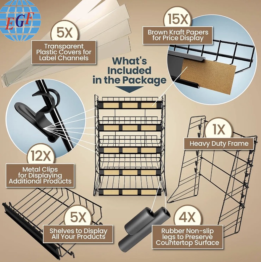 Retail Five-Tier Sturdy Desktop Small Commodity Iron Wire Display Rack with Price Tags, KD Structure, Customizable