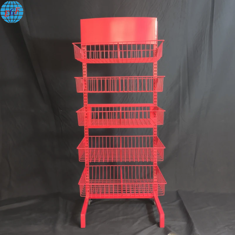 Custom Store 5 Layers Snack Potato Chips Metal Wire Basket Display Rack Biscuit Drink Food Display Stand