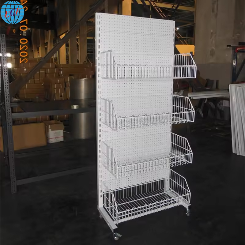 Customizable Single Side Back Hole Board Four Layers with Metal Wire Shelf Supermarket Display Shelves with Wheels