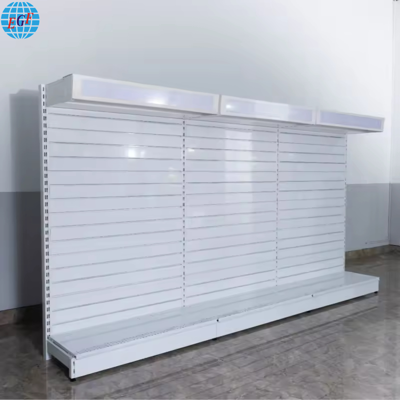 Single Side Supermarket Metal Slatwall Gondola Shelves with Light Box