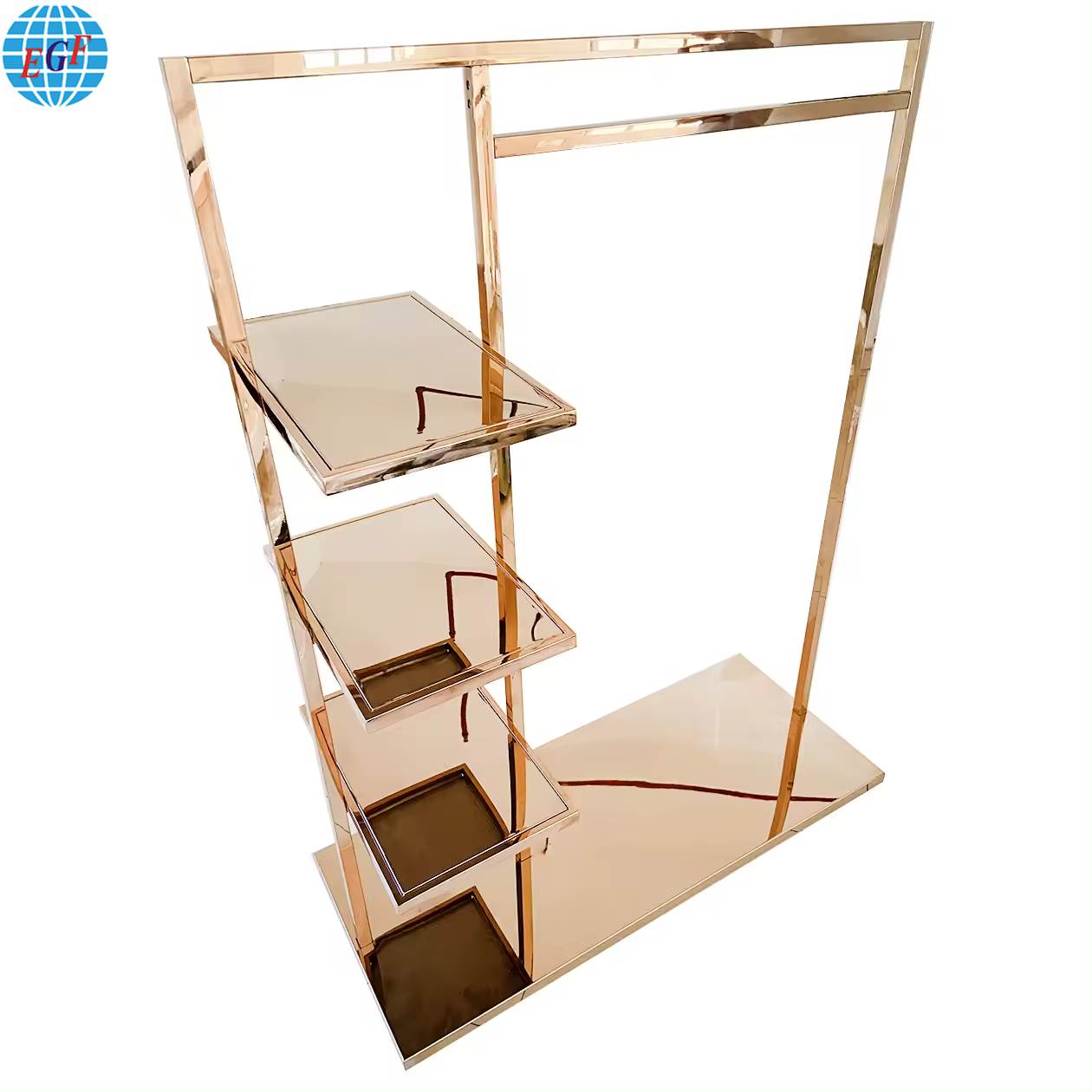 Customized Metal Floor standing Rose Gold Clothing with Wheels Handbag Display Goods Shelves