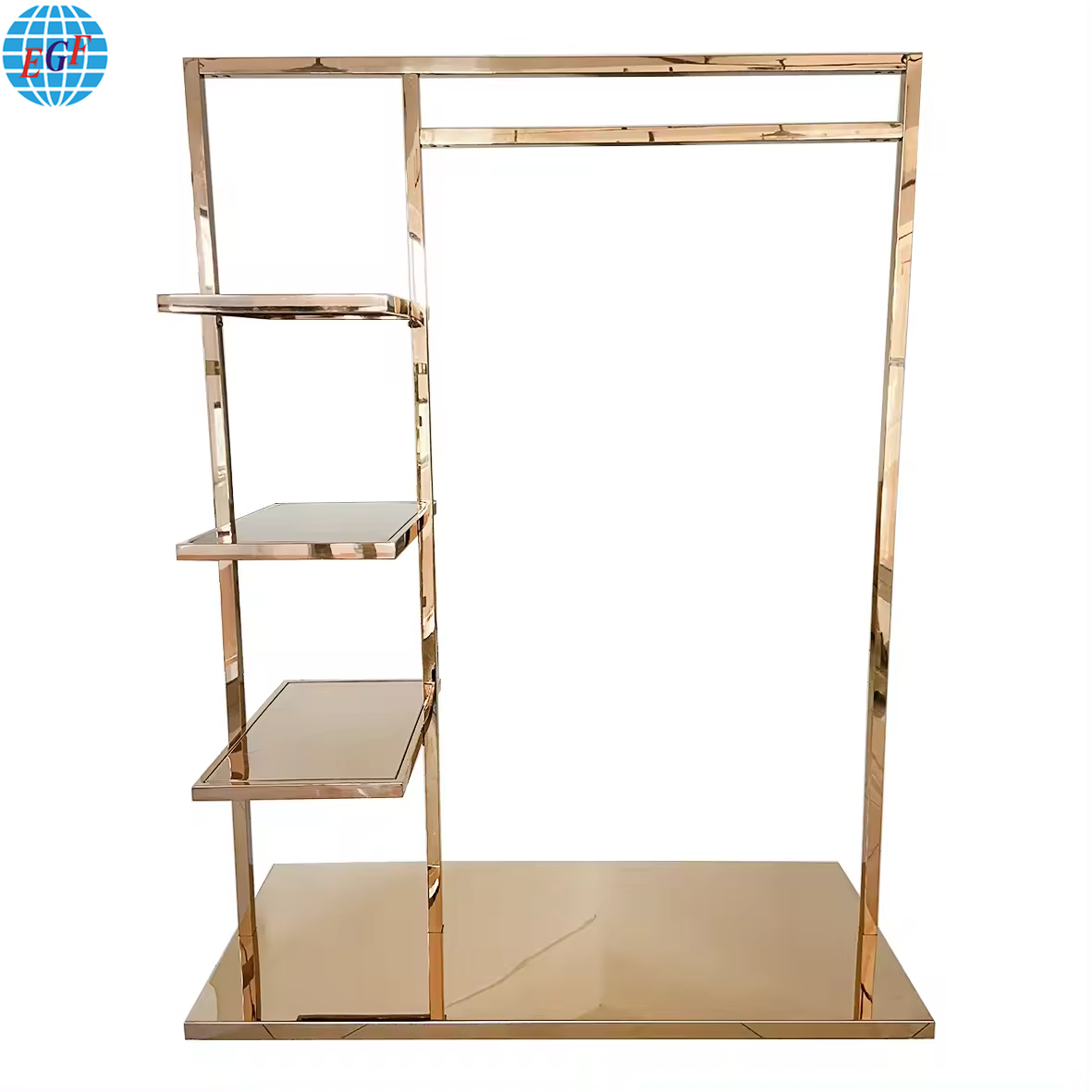 Customized Metal Floor standing Rose Gold Clothing with Wheels Handbag Display Goods Shelves