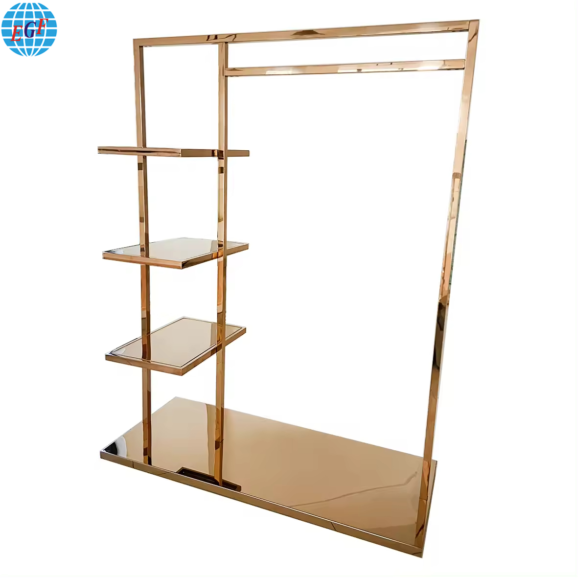 Customized Metal Floor standing Rose Gold Clothing with Wheels Handbag Display Goods Shelves