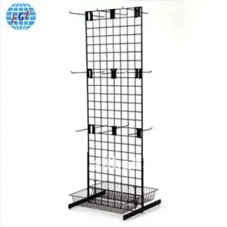 Double Sided Metal Handbag Display Rack with Hooks and Baskets