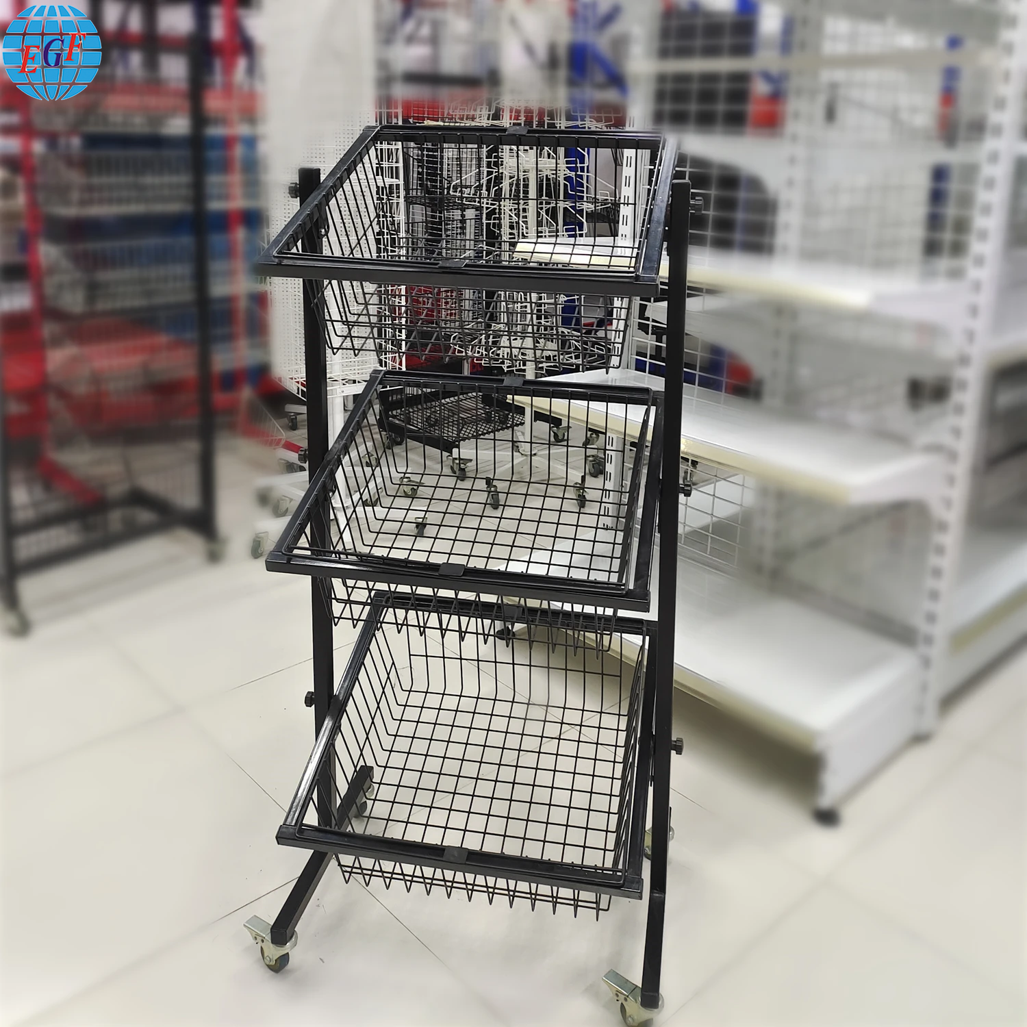 Three-tier Adjustable Wire Basket Display Rack with Wheels for Supermarket, Customizable.