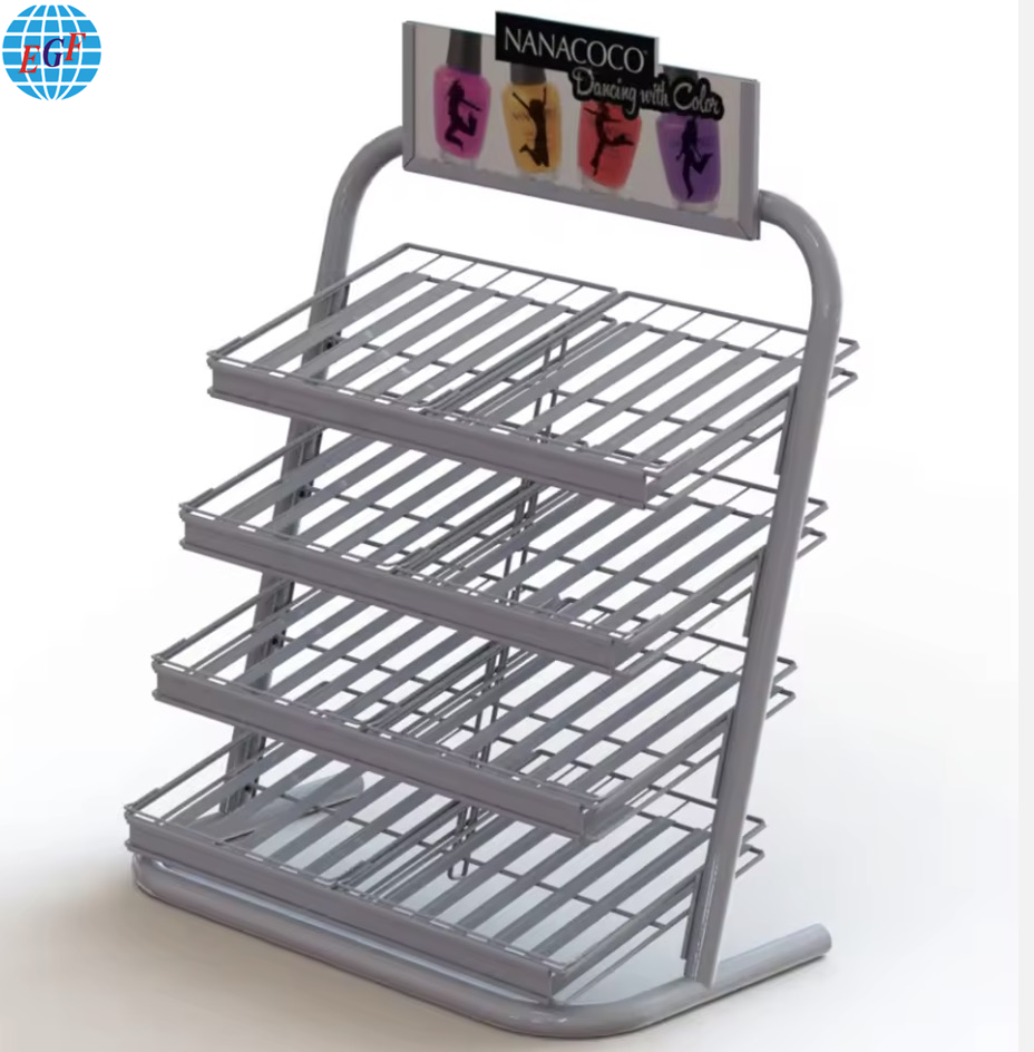 Customizable Brand Cosmetic Three-Tier Metal Wire Countertop Display Stand with Top Advertising Board and Label Holders