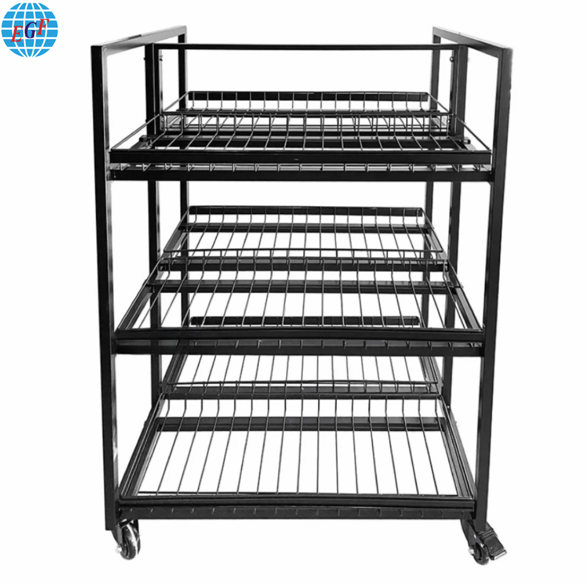 Customized Three-Tier Metal Stand with Wheels and Six Wire Baskets for Retail Stores