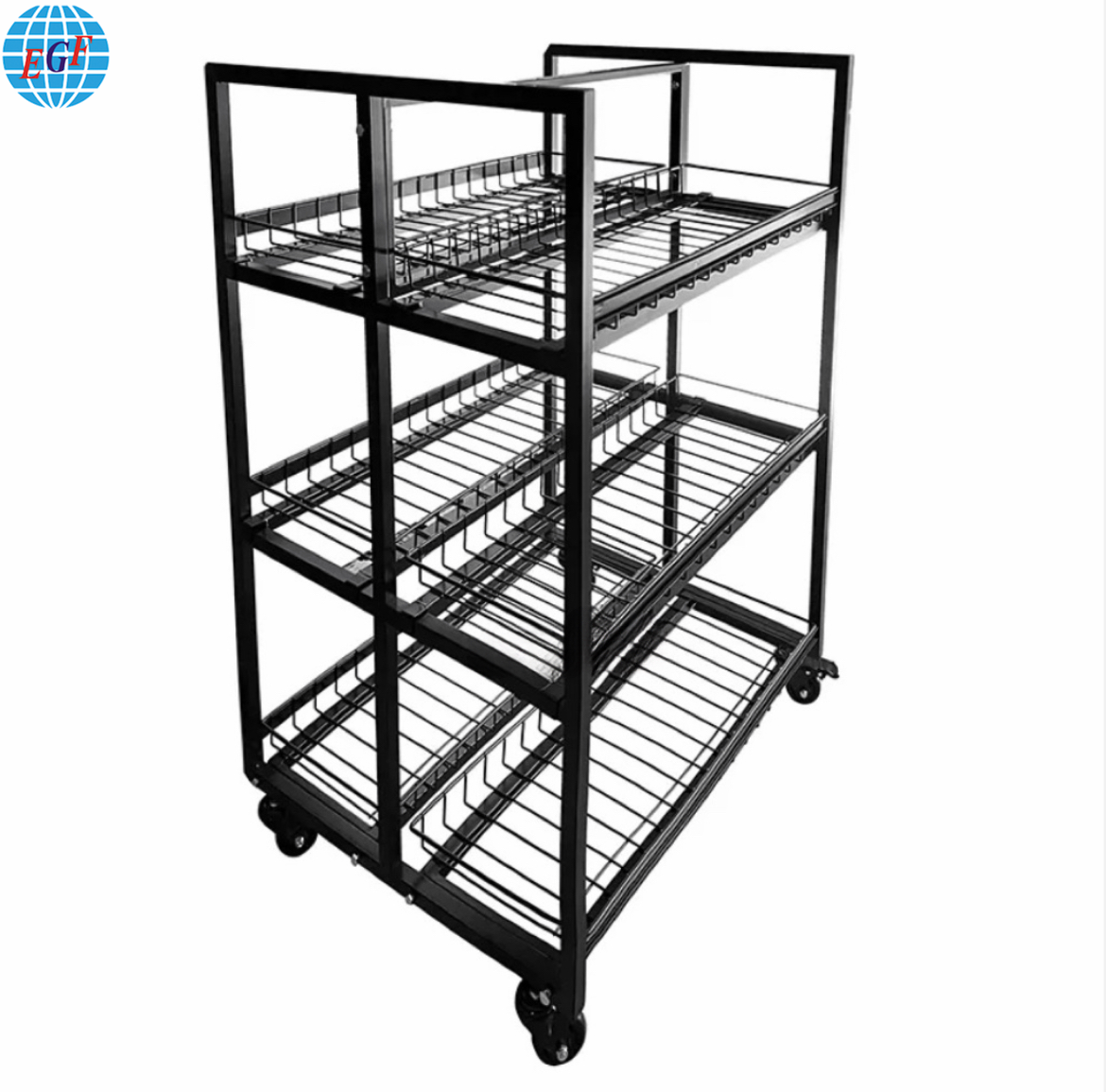 Customized Three-Tier Metal Stand with Wheels and Six Wire Baskets for Retail Stores