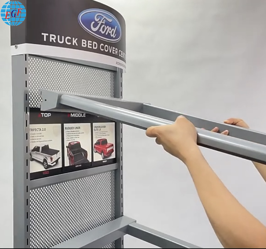 High-Quality Custom Single-Sided Brand Retail Store Metal Car Accessories Display Stand with Six Horizontal Bars and Backboard Slots