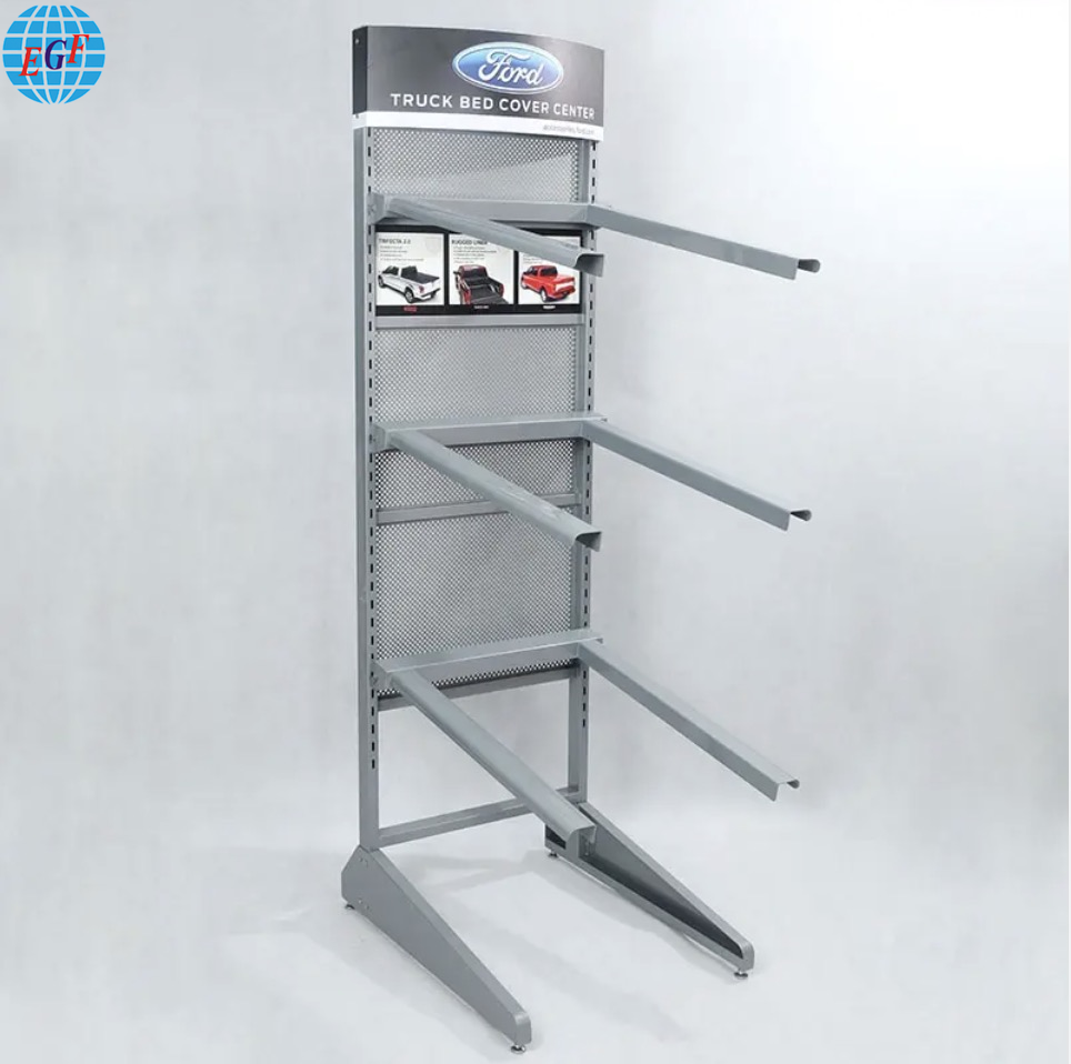 High-Quality Custom Single-Sided Brand Retail Store Metal Car Accessories Display Stand with Six Horizontal Bars and Backboard Slots