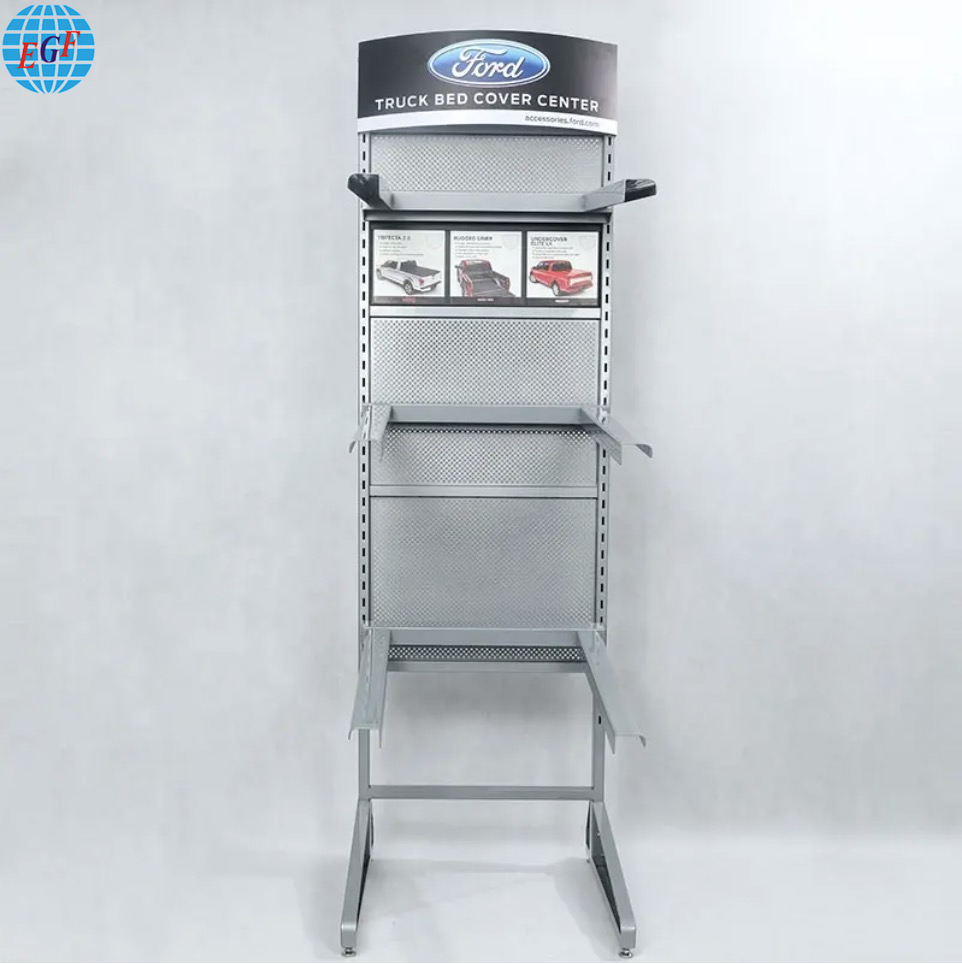 High-Quality Custom Single-Sided Brand Retail Store Metal Car Accessories Display Stand with Six Horizontal Bars and Backboard Slots