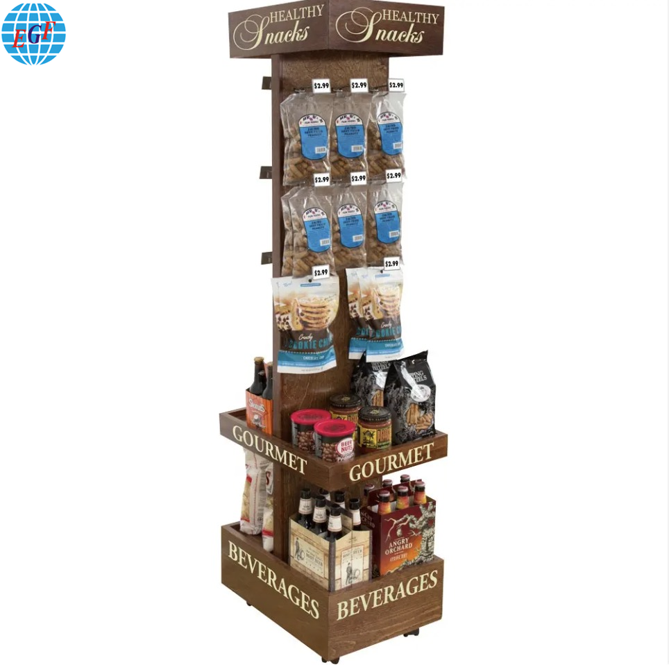 Custom Two-Sided Metal Display Rack with Hooks Four-Sided Logo Printing for Snack Food and Beverage