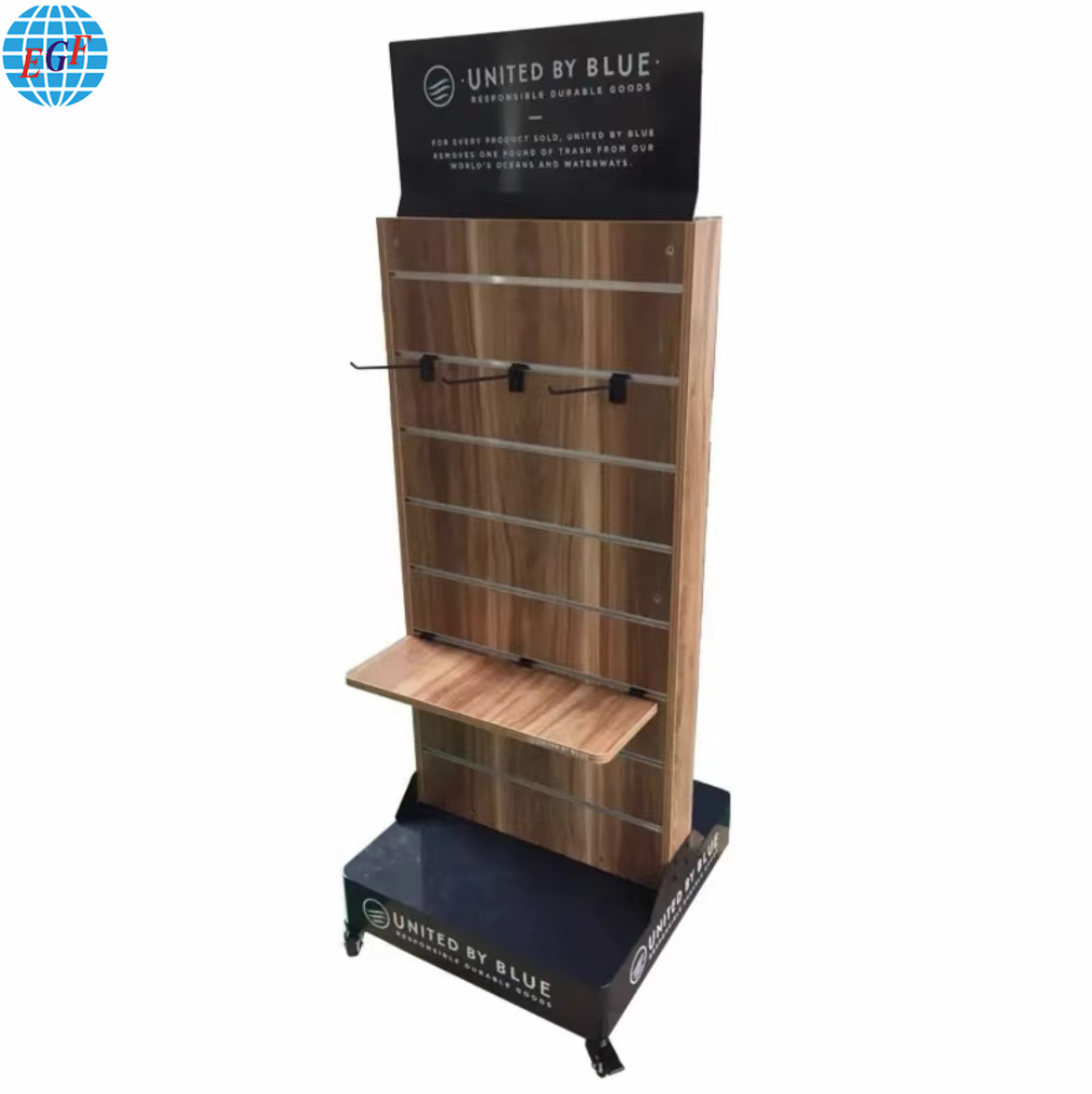 Custom Supermarket Wooden POS Slatwall Display Shelf with Wheels and Hooks for Bottles and Accessories Display