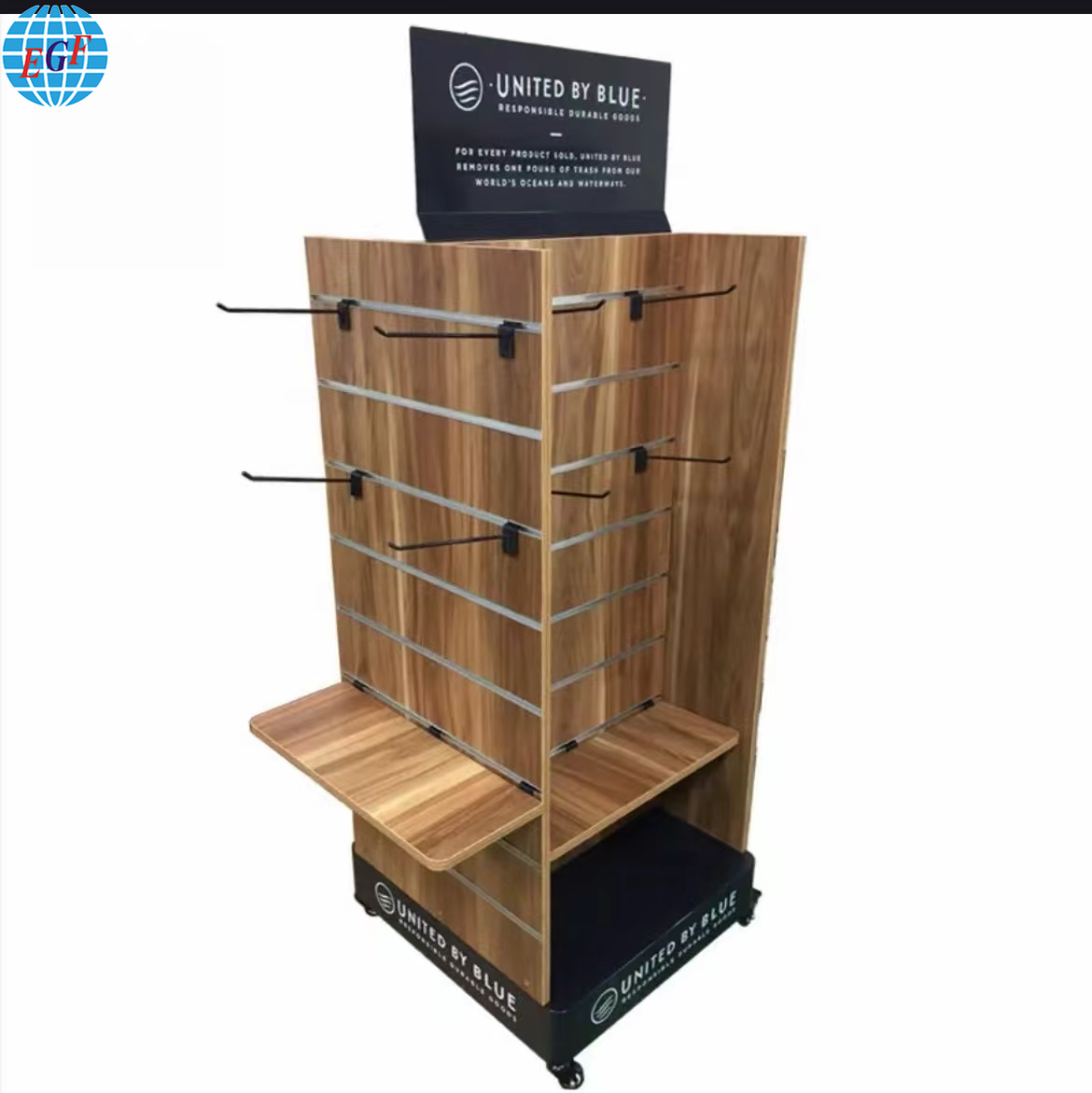 Custom Supermarket Wooden POS Slatwall Display Shelf with Wheels and Hooks for Bottles and Accessories Display