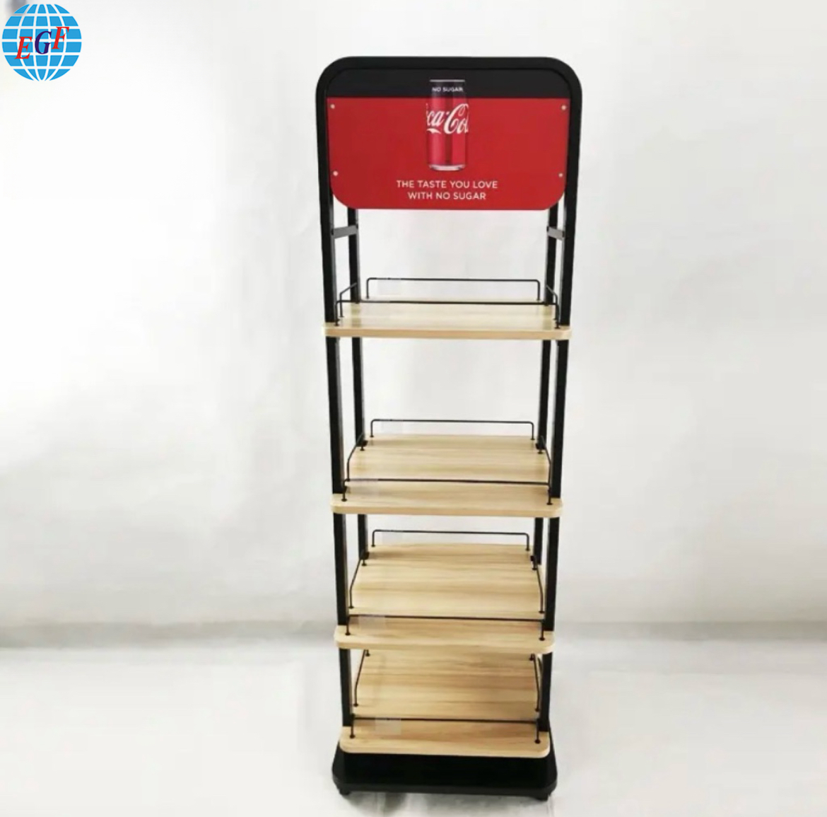 Custom Four-Tier Retail POS Wooden Floor Standing Metal Wire Shelves Beverage Drinks Wine Display Racks