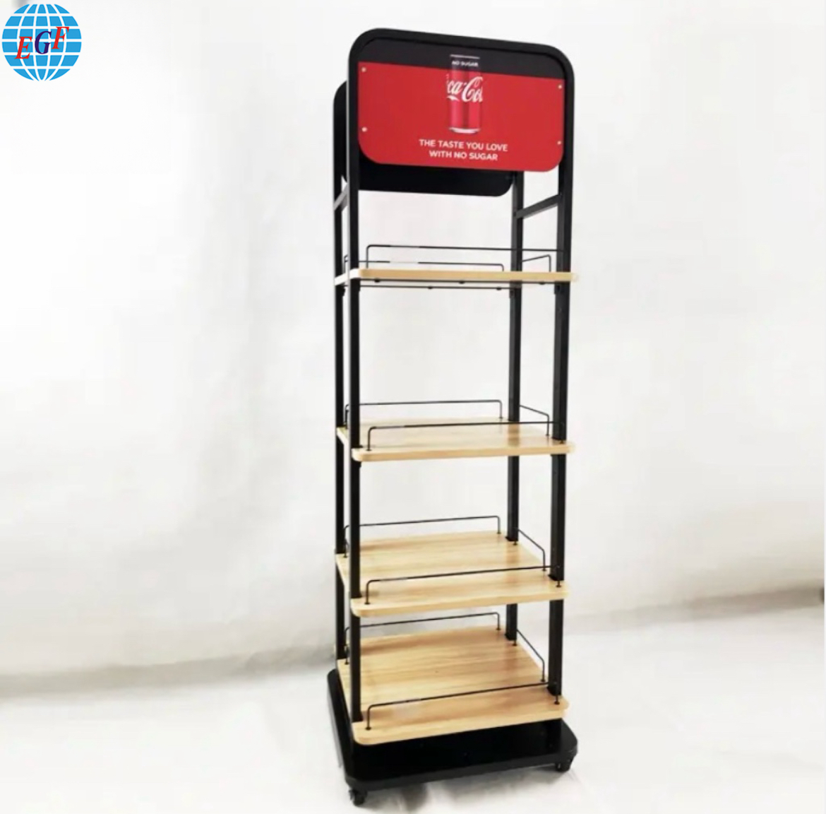 Custom Four-Tier Retail POS Wooden Floor Standing Metal Wire Shelves Beverage Drinks Wine Display Racks