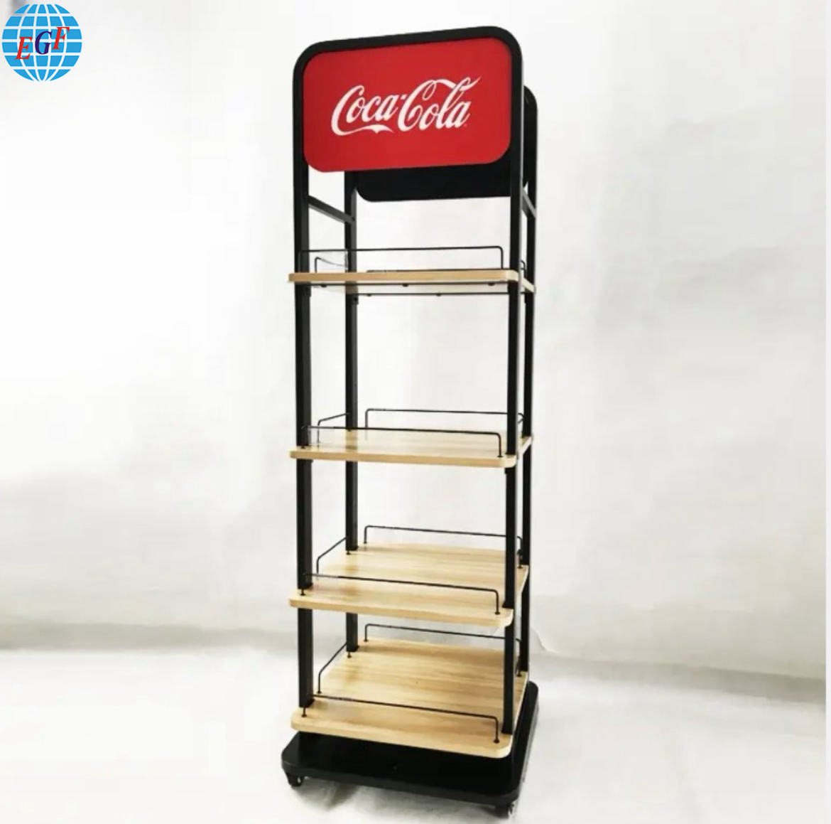 Custom Four-Tier Retail POS Wooden Floor Standing Metal Wire Shelves Beverage Drinks Wine Display Racks