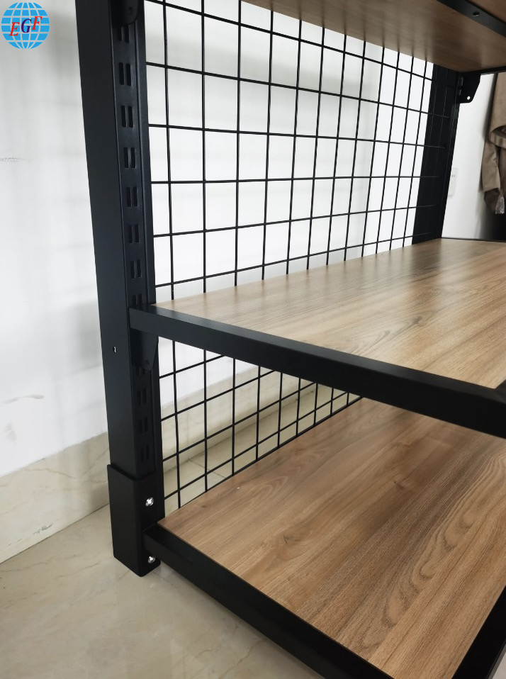 Retail Supermarket Single-Sided Metal Display Rack with Four Wooden Shelves and Chrome Hooks on the Back Metal Grid Top Printed Logo