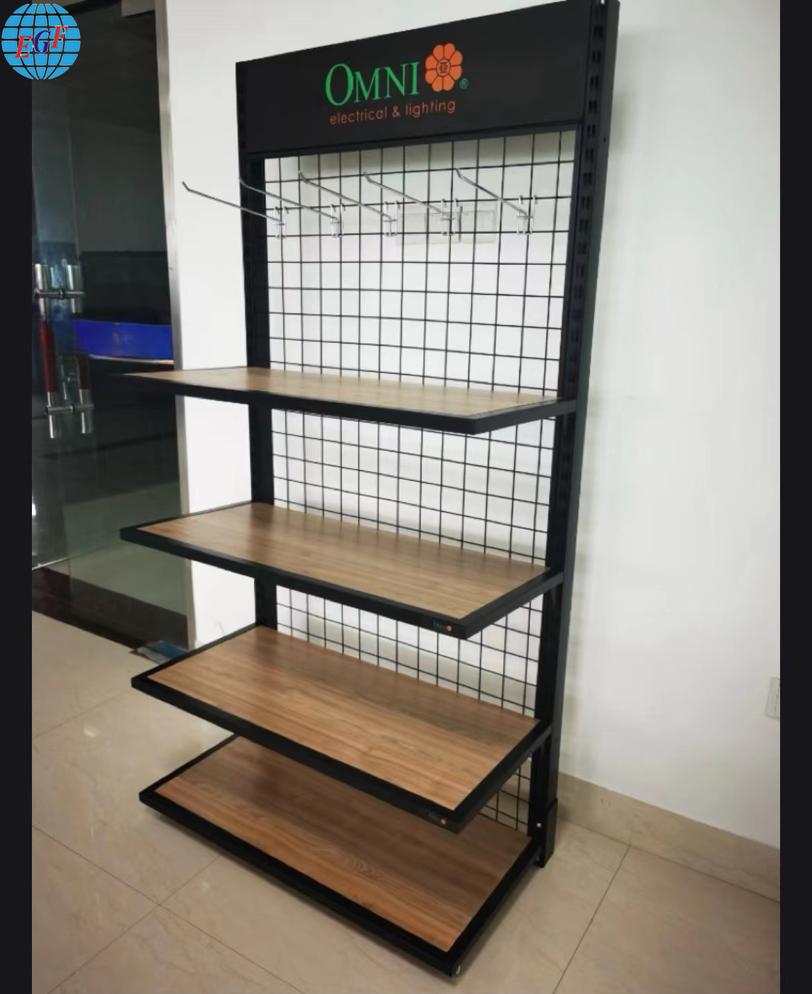 Retail Supermarket Single-Sided Metal Display Rack with Four Wooden Shelves and Chrome Hooks on the Back Metal Grid Top Printed Logo