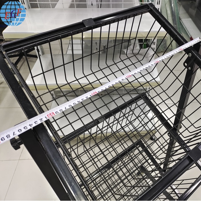 Three-tier Adjustable Wire Basket Display Rack with Wheels for Supermarket, Customizable.