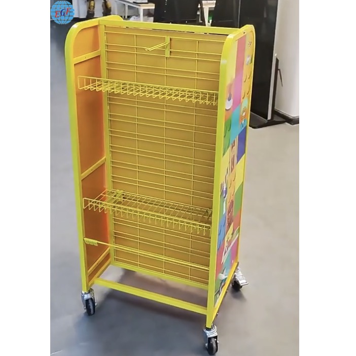 Customizable Lego Wire Display Rack with Wheels, Wire Grid Baskets, Hooks, and Advertising Board