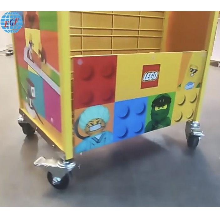 Customizable Lego Wire Display Rack with Wheels, Wire Grid Baskets, Hooks, and Advertising Board