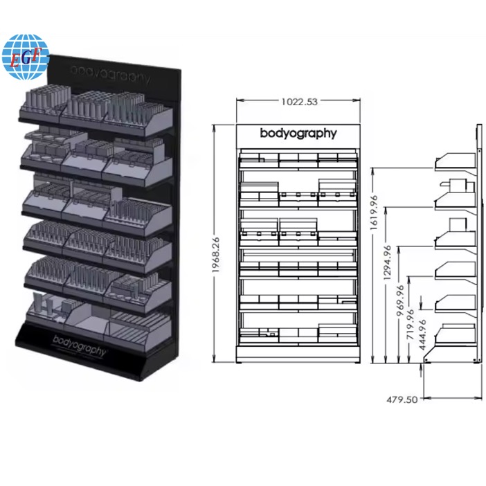 Single-Sided Floor Stand Cosmetic Display Cabinet with 18 Acrylic Trays Printed Logo