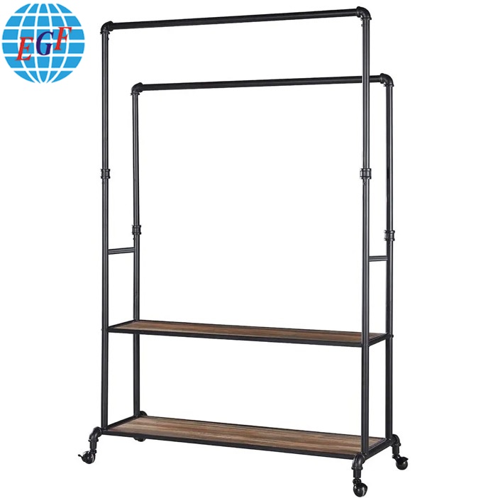 Adjustable Metal Garment Rack With Wooden Shelves