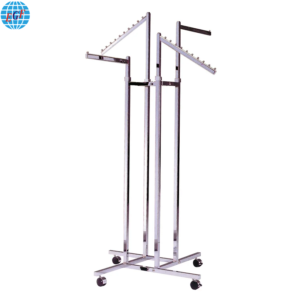 3 Styles Adjustable 4-Way Metal Clothes Rack: Customizable Arms, Mobility Options, Chrome & Powder Coated