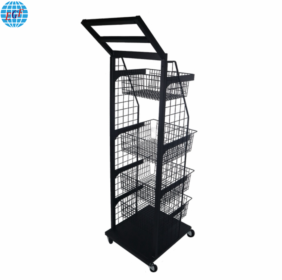 4-Tier Black Matte Powder Coated Steel Wire Storage Basket Rack with Locking Casters - Home & Commercial Use