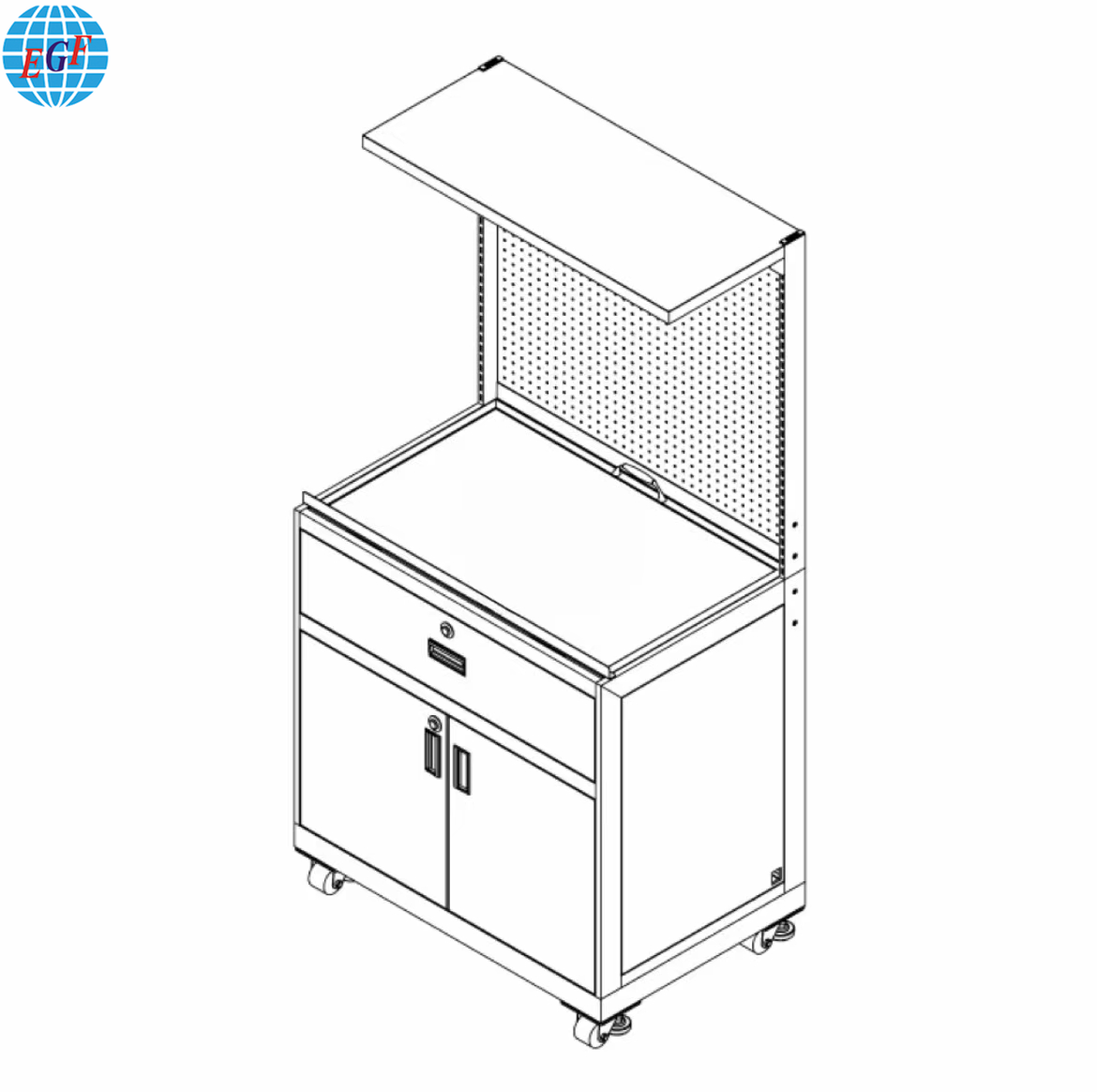 Adjustable Modular Steel Workstation with Pegboard, Drawer & Cabinet Storage - Grey Matte Finish with LED Mount & Lockable Casters