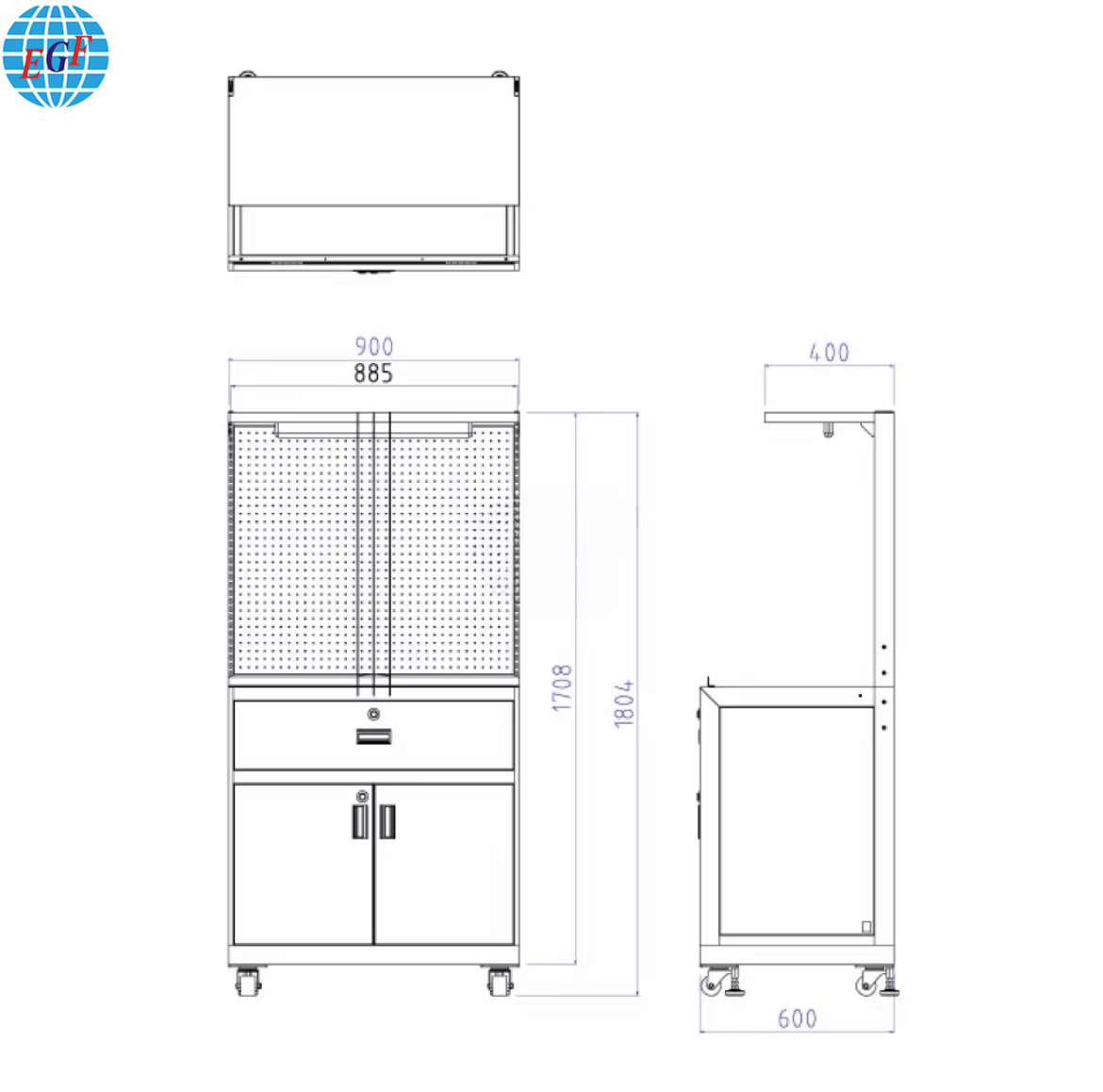 Adjustable Modular Steel Workstation with Pegboard, Drawer & Cabinet Storage - Grey Matte Finish with LED Mount & Lockable Casters