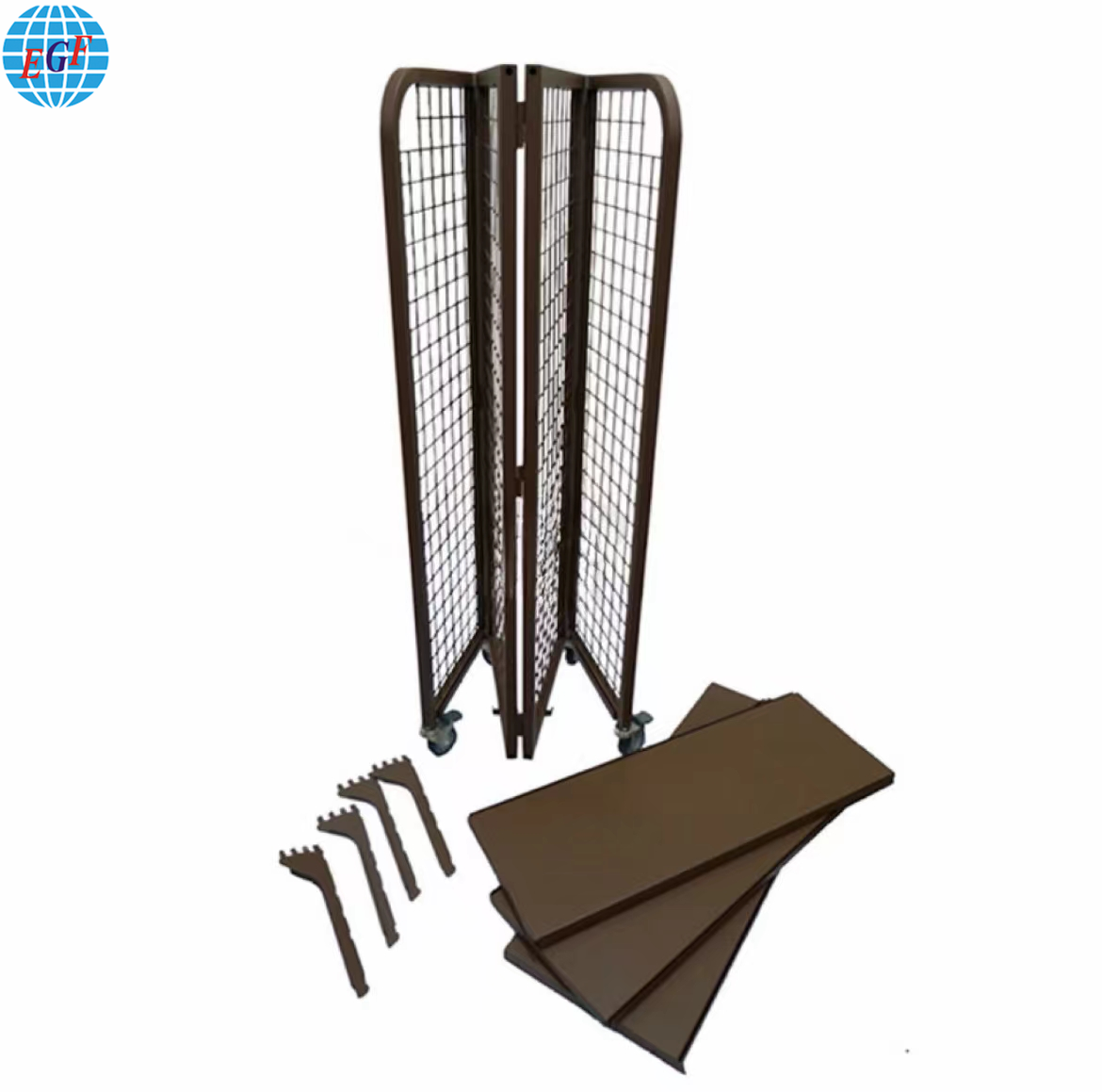 Space-Saving Foldable Gridwall Display Rack with Adjustable Shelves and Castors Storage Solution Powder Coating Portable Design