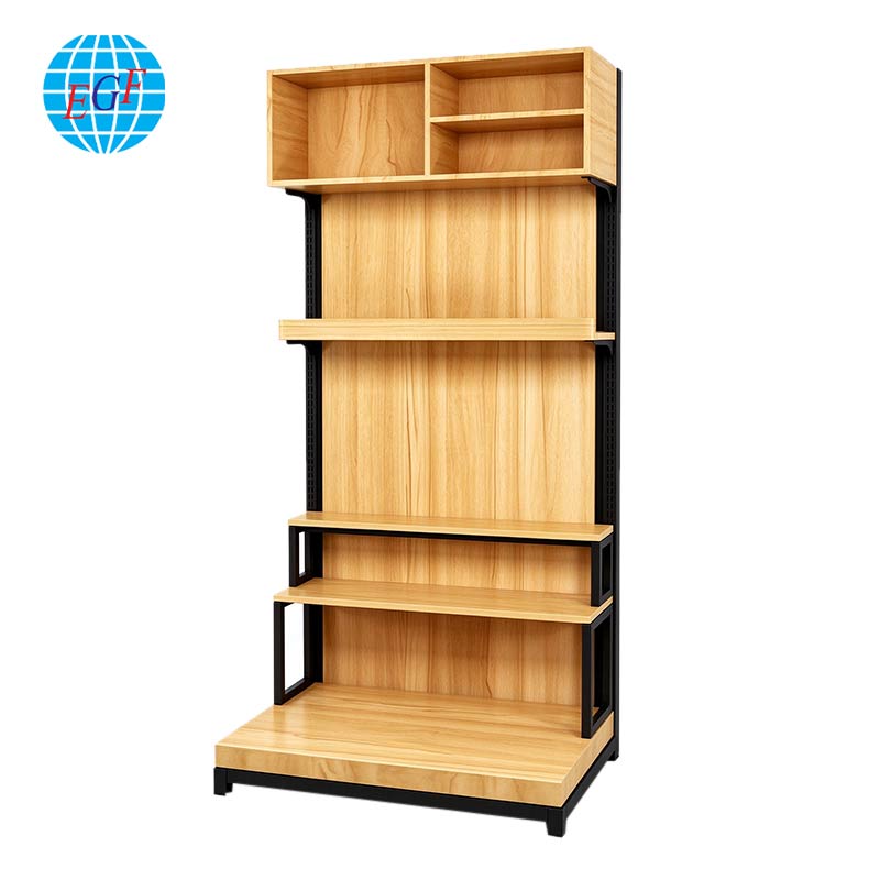 This steel-wood combined commercial shelf is suitable for supermarkets and convenience stores, for displaying bulk grains, cereals and snacks. It adopts eco-friendly boards paired with high-strength metal frames, featuring stable structure and strong load capacity. The shelves are flexibly adjustable in height. It comes with divided storage compartments on the top and multi-layer open countertops, compatible with acrylic flip-top bulk bins. The wood grain finish presents a simple and elegant look. Custom sizes and structures are available. Easy to assemble and disassemble, ideal for island display areas to boost product presentation, meeting the bulk goods display demands of offline retail stores.
